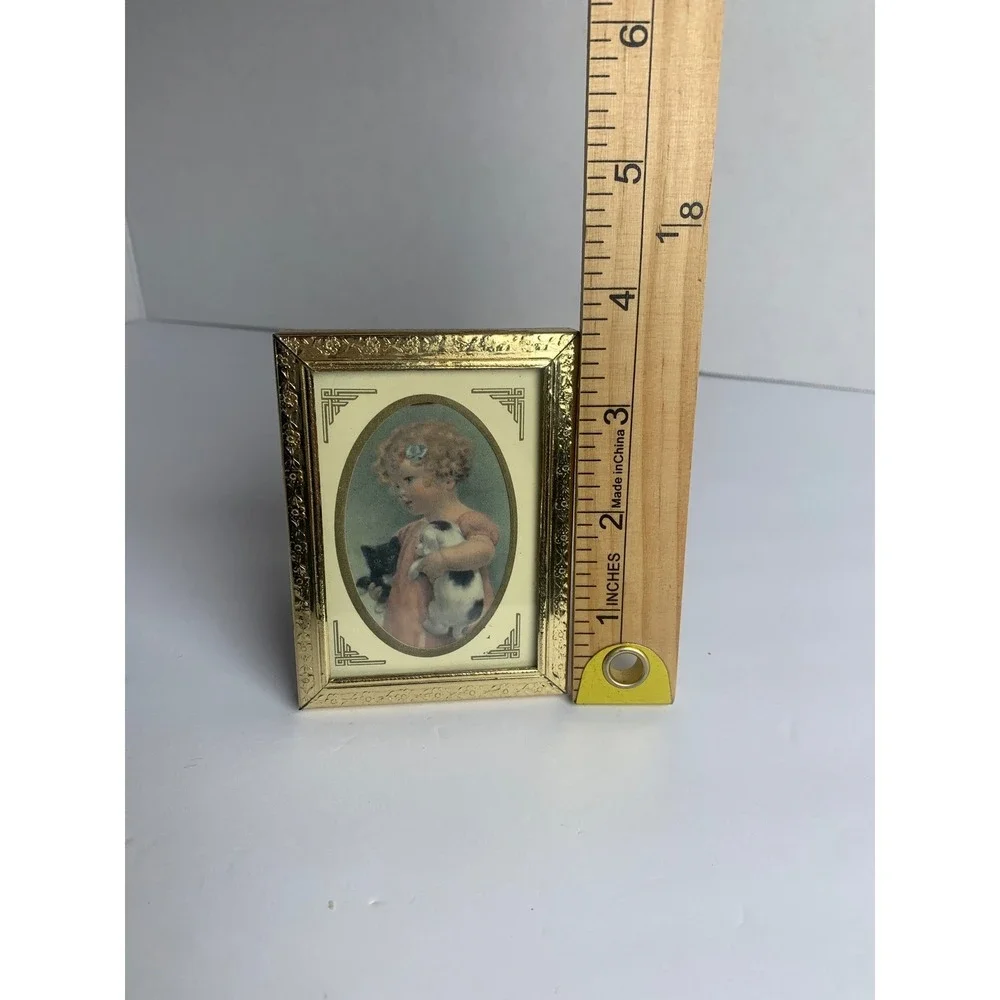 Vintage Decorel Gold Tone Miniature Picture Frame Girl with Puppy and‎ Kitten